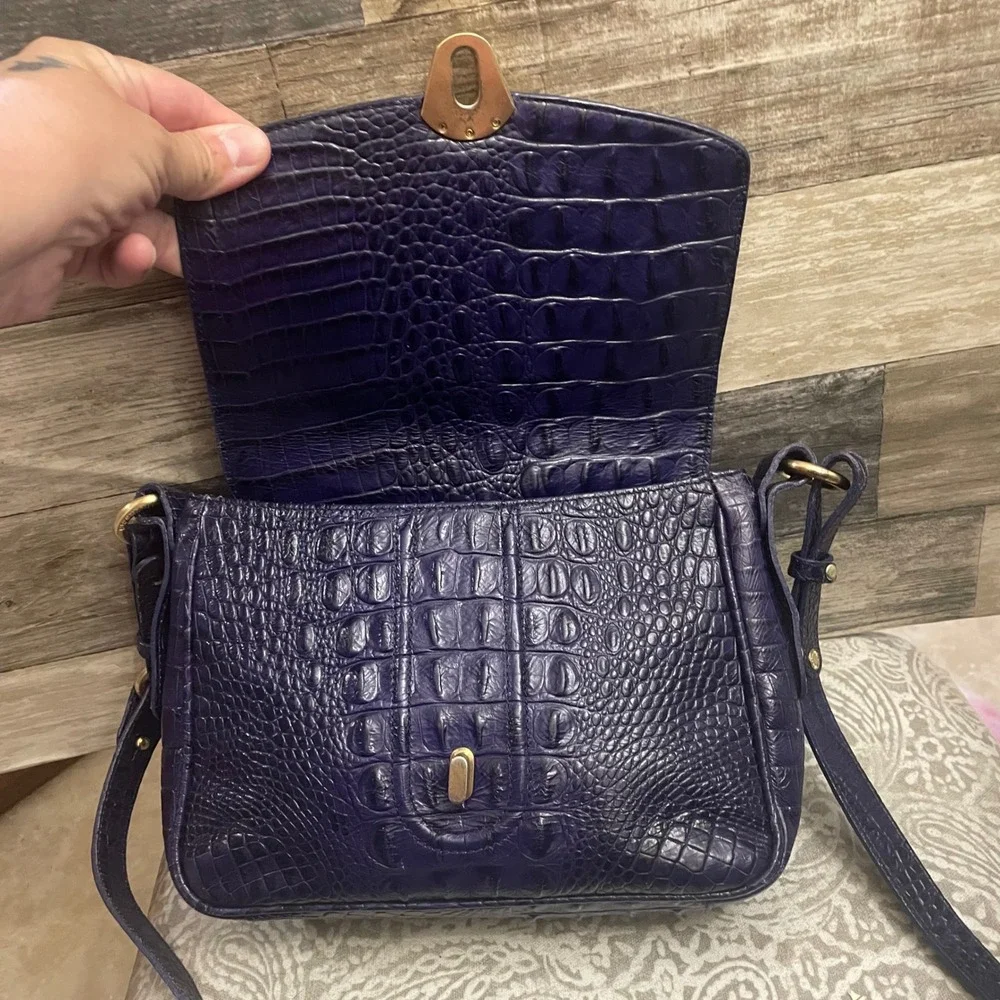 Brahmin Purple Croc Embossed Leather Crossbody Bag Turn Lock Gold Hardware